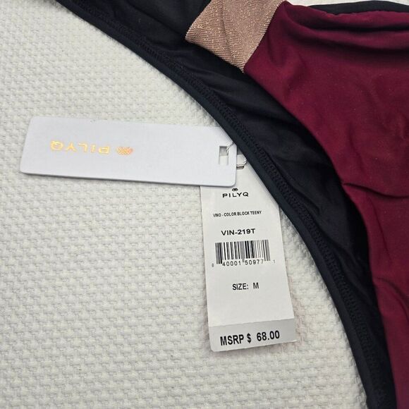 PilyQ Womens M Tiny Scrunch Bikini Bottom Black Maroon Swimwear MSRP $68 New - Picture 3 of 5